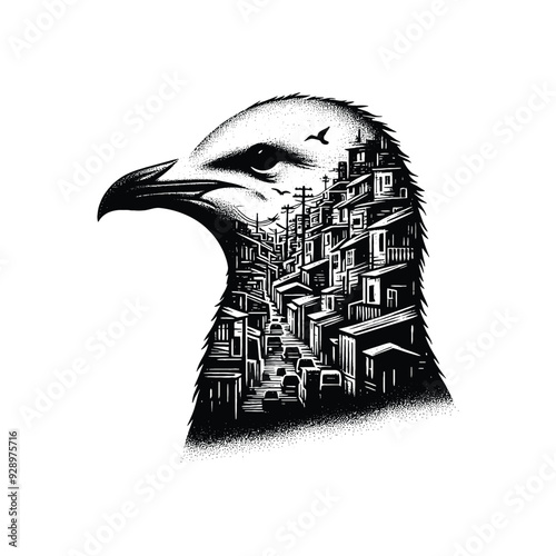 silhouette of Seagull filled with ghetto street in rough drawing