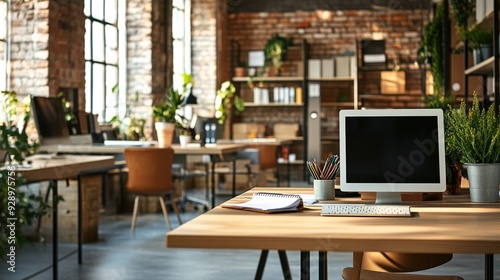 Modern Industrial Office Space: Sunlit workspace with exposed brick walls, wooden desks, and lush greenery, showcasing a blend of rustic charm and contemporary design.