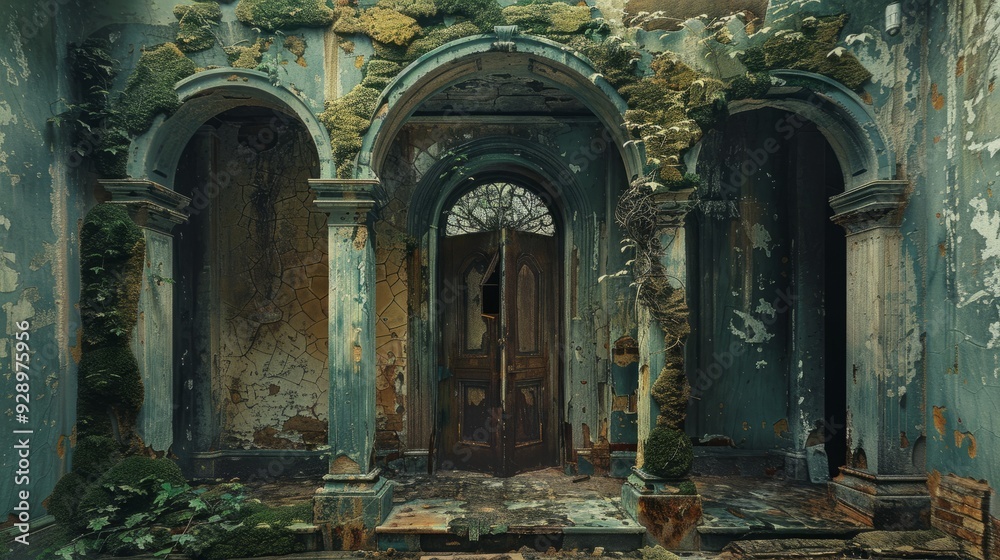 Fototapeta premium Abandoned doorway with overgrown vegetation in a derelict building during daylight