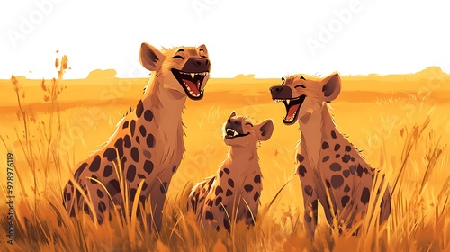 Playful Hyena Family Laughing in Savannah Grasslands - Cartoon Style Digital Illustration with Mischievous Expression of Adult and Pups