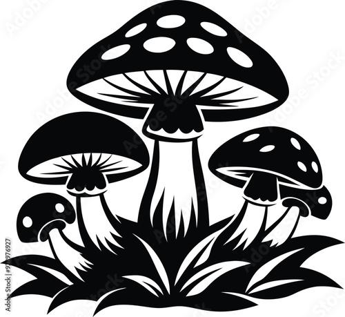 hand drawn edible mushrooms silhouette illustration