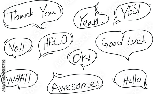 doodle style set of cute speech bubble, comic speech with text