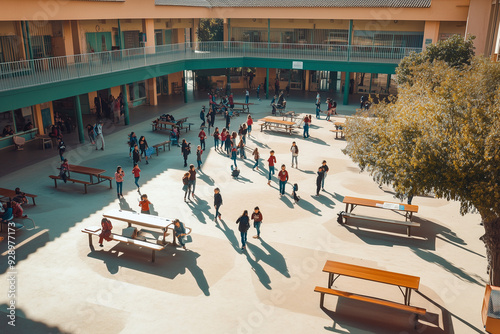 Aerial view of student in school , Crowd among the classroom building, Walking student during lunch time.