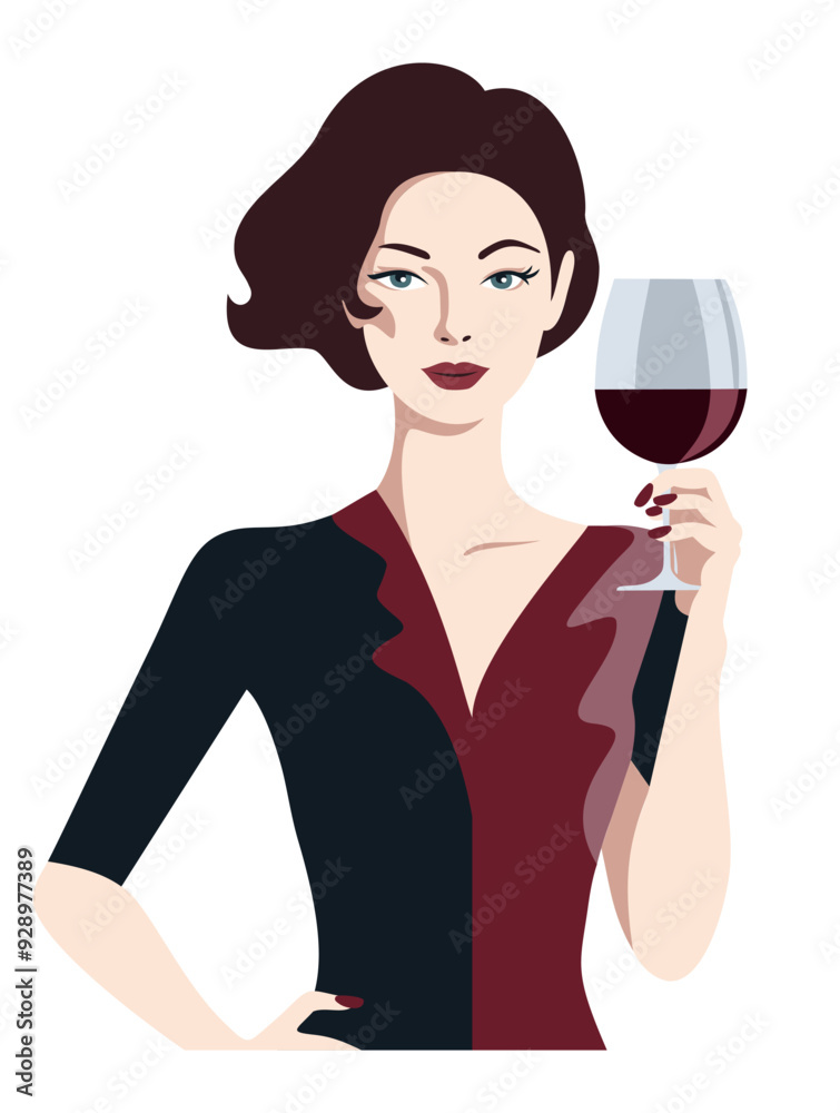 Young elegant woman holding glass of red wine. Retro-styled vector illustration isolated on white background Young elegant woman holding glass of red wine. Retro-styled vector illustration isolated on white background
