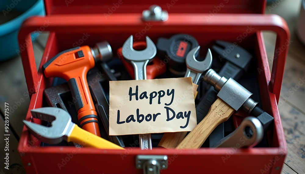 Red Tool Box with Tools and Happy Labor Day Note Red Tool Box with Tools and Happy Labor Day Note