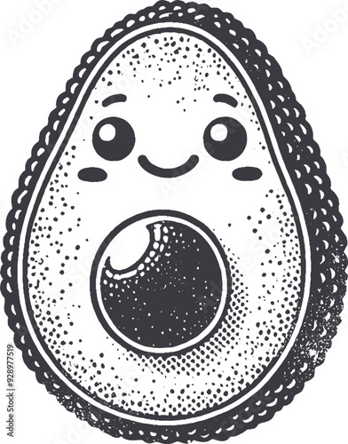 Grunge-Style Avocado Smiling Fruit Character with Texture, Rough Hand-Drawn with Grainy Print Effect.