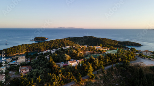 Aerial view of expensive residential houses in island small town Syvota Greece. American dream homes as example of real estate development in US suburbs