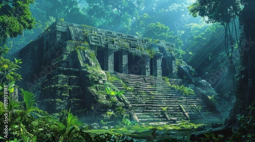 Fototapeta Naklejka Na Ścianę i Meble -  Ancient jungle temple hidden in dense foliage with sunlight filtering through trees