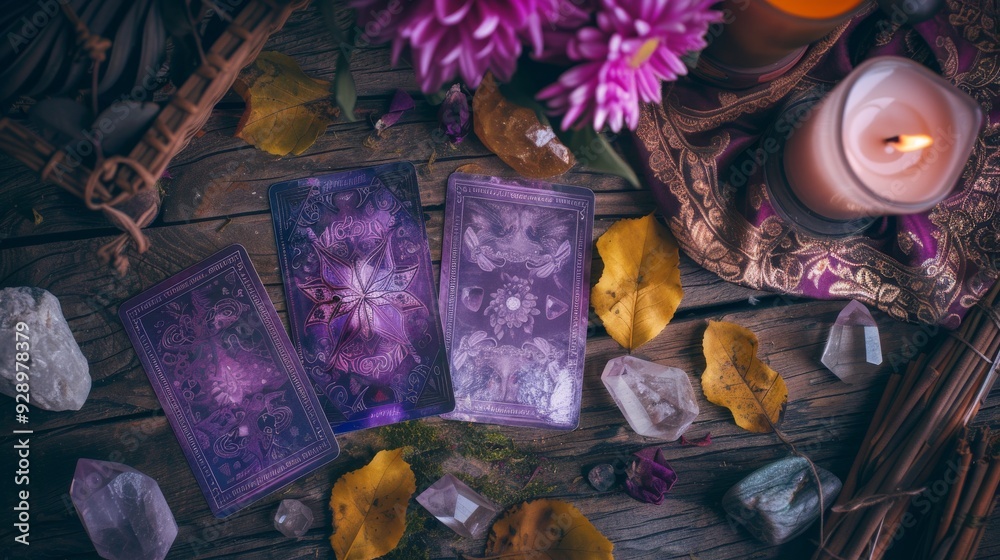 Fototapeta premium Tarot cards laid out on a wooden table with candles, crystals, and flowers, creating a mystical and enigmatic setting.