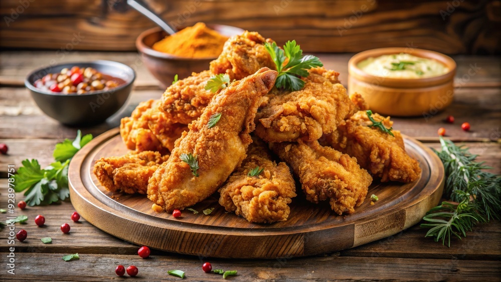 Juicy, golden-brown fried chicken strips piled high, crispy skin glistening with savory spices, served hot and tempting on a rustic wooden table setting.