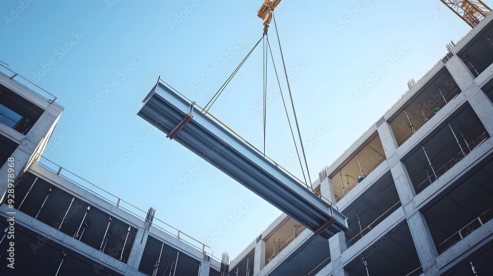 A crane lifting a steel beam at a construction site under clear blue skies, emphasizing industrial work and modern architecture. A crane lifting a steel beam at a construction site under clear blue skies, emphasizing industrial work and modern architecture.