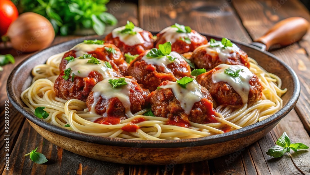 Juicy homemade meatballs smothered in rich marinara sauce and melted mozzarella cheese sit atop a steaming hot plate of spaghetti. Juicy homemade meatballs smothered in rich marinara sauce and melted mozzarella cheese sit atop a steaming hot plate of spaghetti.