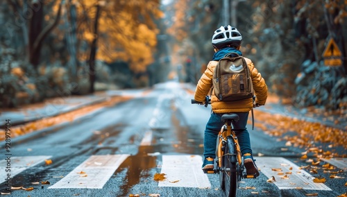 A child riding his bike at the crosswalk of an empty street, wearing a helmet and backpack with a school bag on it. 