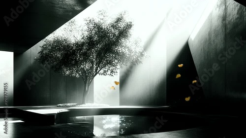Solitary tree growing in a dark urban space illuminated by dramatic light rays and surrounded by butterflies. Seamless looping 4k time-lapse animation video background