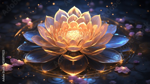 A serene golden lotus blooming in a tranquil pond, radiating peace and tranquility amidst gentle light.