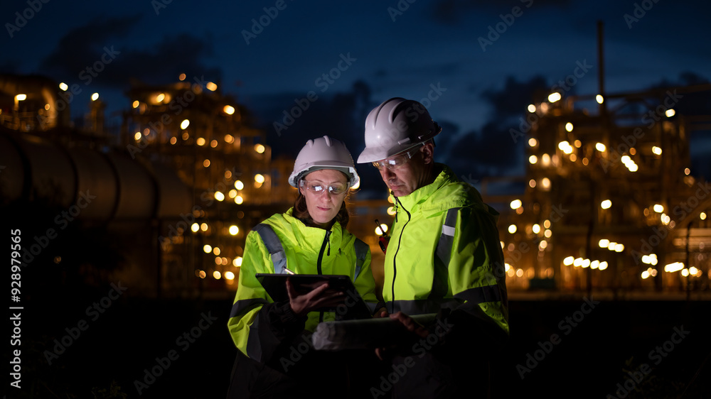 Engineers wear uniform and helmet stand in holding tablet computer , survey inspection work plant site use radio communication to communication with night lights oil refinery background. Engineers wear uniform and helmet stand in holding tablet computer , survey inspection work plant site use radio communication to communication with night lights oil refinery background.