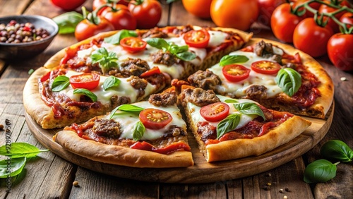 Juicy slices of pepperoni pizza loaded with savory ground beef, melted mozzarella cheese, and fresh vegetables on a crispy crust, ready for devouring. photo