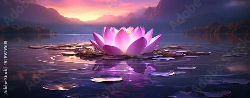 A serene pink lotus bloom floats gracefully on still water, surrounded by soft waves and majestic mountains at sunset. photo