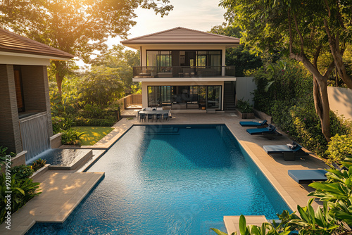 Pool villa with swimming pool in the jungle view, Landscape view of modern house with pool for recreation.	
