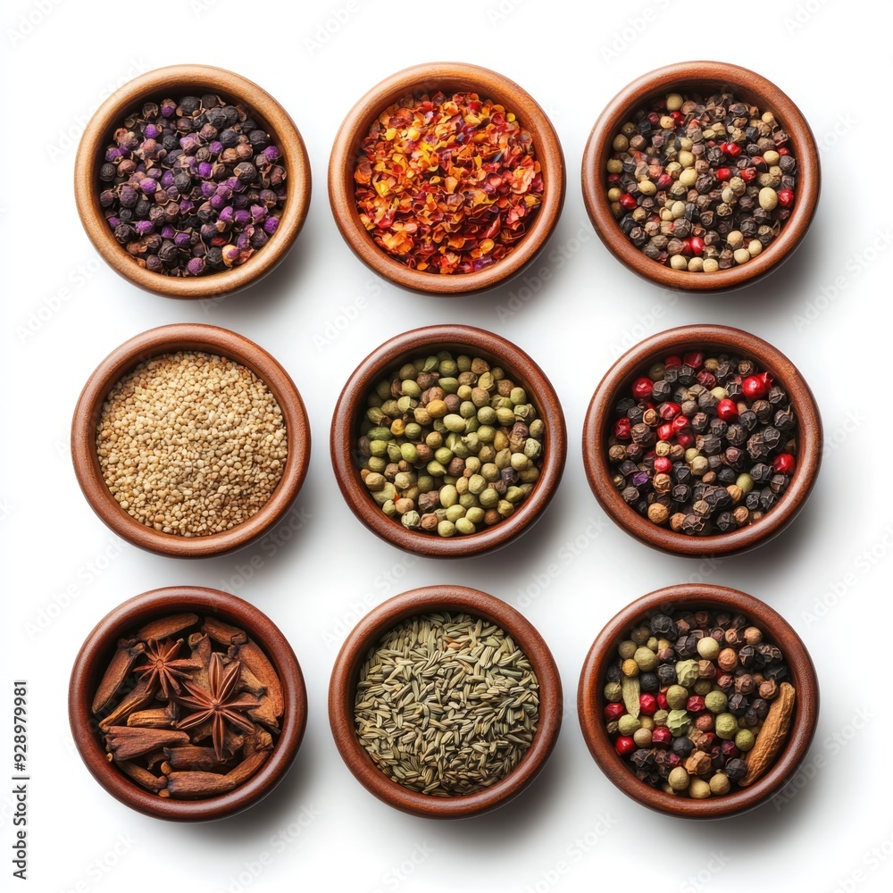 Assortment of Spices in Wooden Bowls on White Background Assortment of Spices in Wooden Bowls on White Background