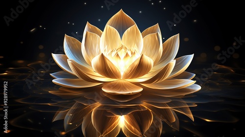 A serene golden lotus flower floating on calm water, symbolizing tranquility and purity in a beautiful, dark setting. photo