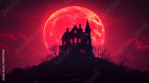 Silhouette of a haunted house against a backdrop of a red moon.
