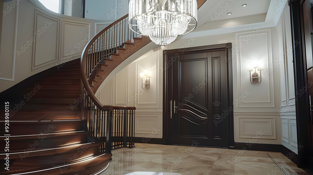 Obraz premium Elegant Modern Interior Design with Spiral Staircase and Chandelier 3D Illustration