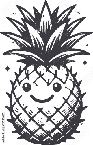 Grunge-Style Pineapple Smiling Fruit Character with Texture, Rough Hand-Drawn with Grainy Print Effect.