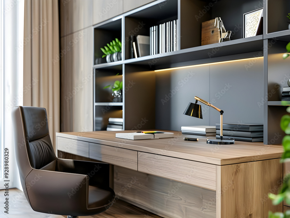 Modern Home Office Desk with Built-in Shelving and Black Leather Chair - 3D Illustration Modern Home Office Desk with Built-in Shelving and Black Leather Chair - 3D Illustration