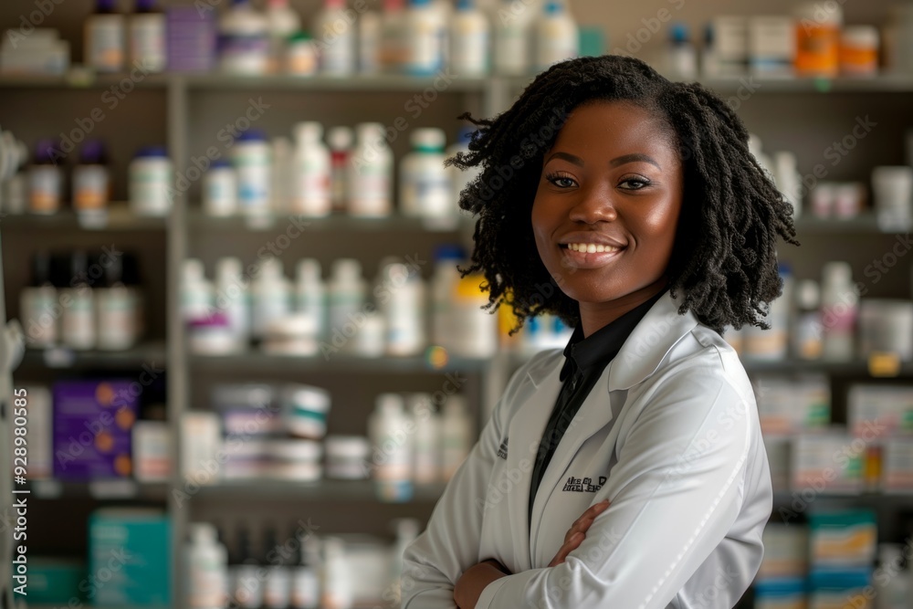 A confident female pharmacist stands proudly in front of a shelf full of medicine. She showcases health and knowledge in a professional setting. Generative AI A confident female pharmacist stands proudly in front of a shelf full of medicine. She showcases health and knowledge in a professional setting. Generative AI