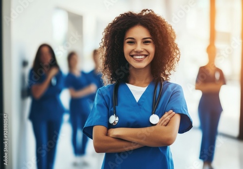 Smiling nurse standing confidently with team behind her photo