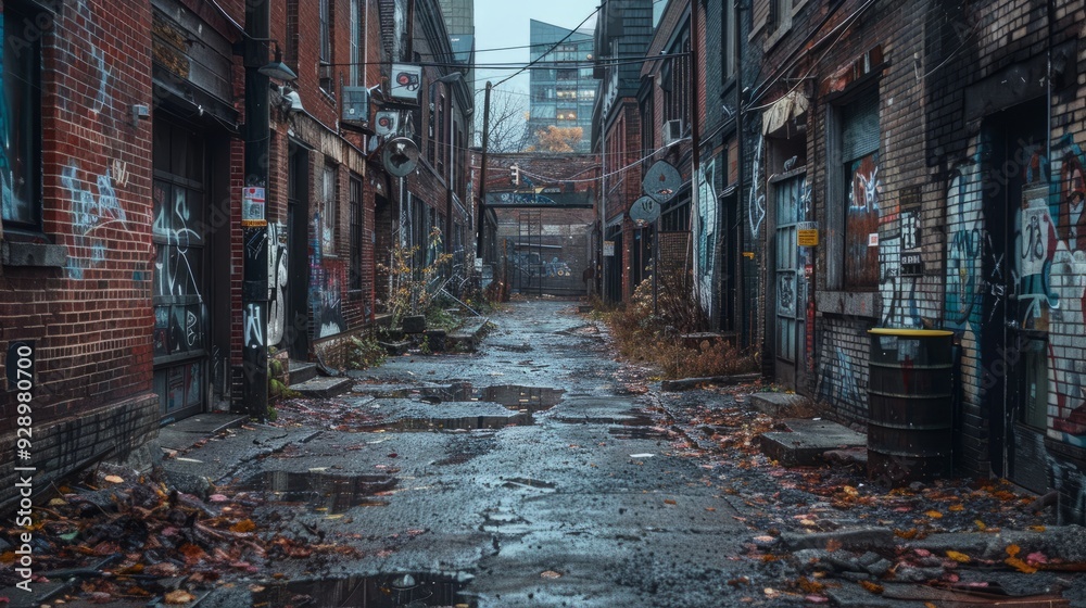Fototapeta premium Abandoned alleyway with overgrown debris in a cityscape during overcast weather