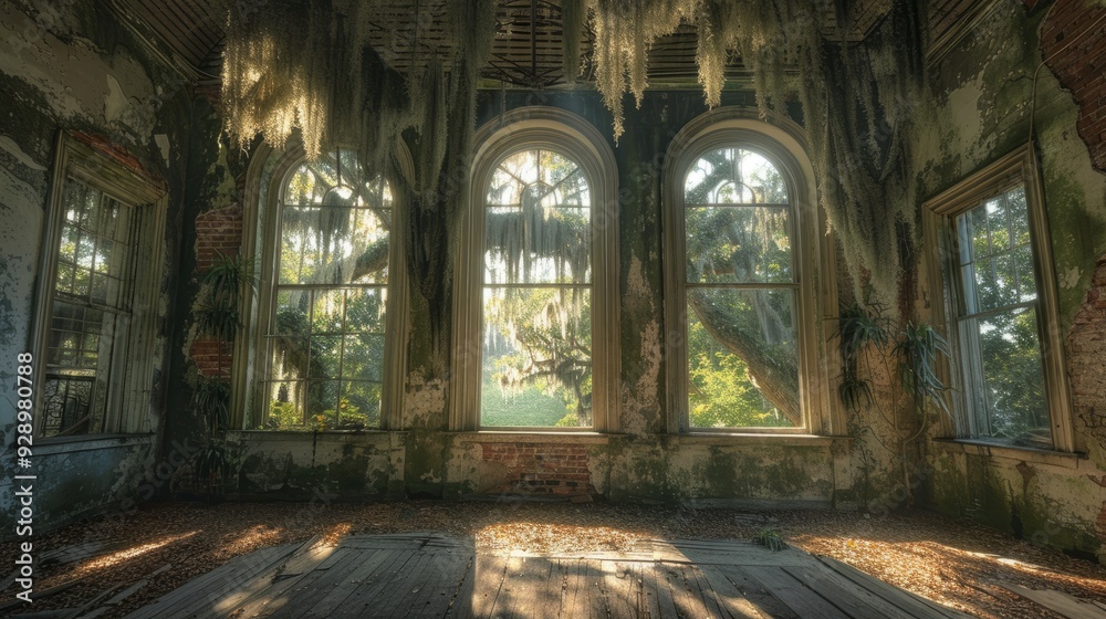 Obraz premium Abandoned room with arched windows and overgrown moss in a historic building, daylight filtering in