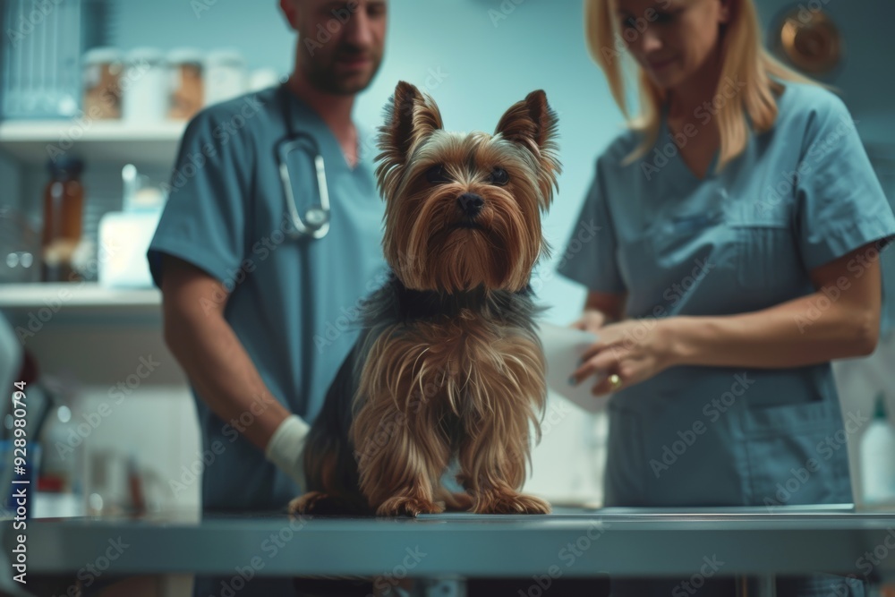 Yorkshire Terrier in a veterinary clinic with a vet and assistant Yorkshire Terrier in a veterinary clinic with a vet and assistant