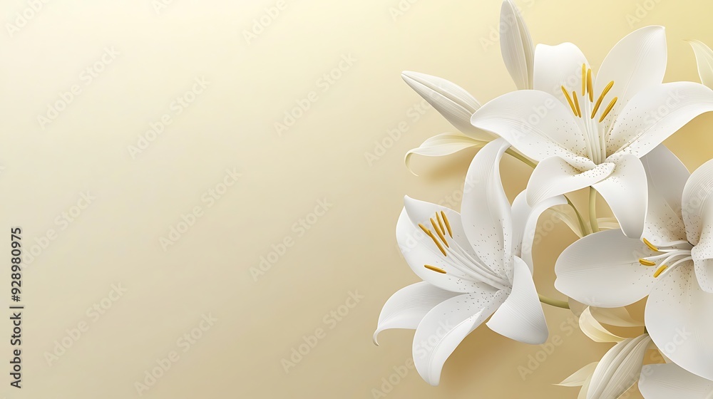 Elegant 3D Lily Banner with Golden Gradient Background for Minimalistic Text Placement