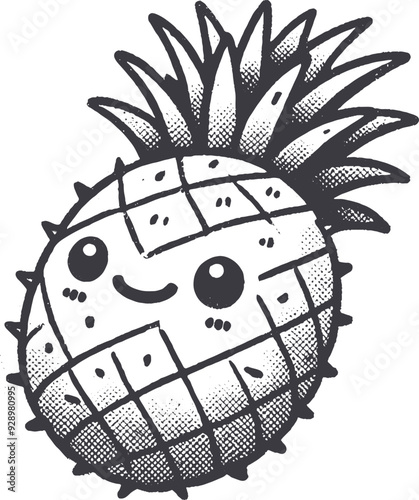 Grunge-Style Pineapple Smiling Fruit Character with Texture, Rough Hand-Drawn with Grainy Print Effect.