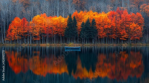 Fototapeta Naklejka Na Ścianę i Meble -  Vibrant fall foliage reflected in calm lake 