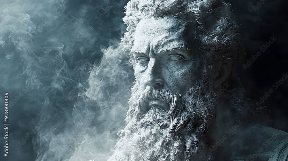 A striking statue of an ancient god, draped in mist, evoking power and wisdom from a forgotten era. A striking statue of an ancient god, draped in mist, evoking power and wisdom from a forgotten era.