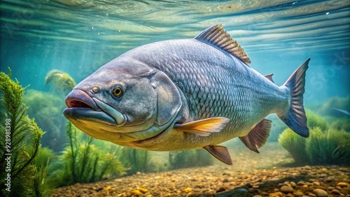 Large freshwater fish with a silvery grey scaled body and a prominent hump on its forehead, swimming in a serene Australian river environment. photo