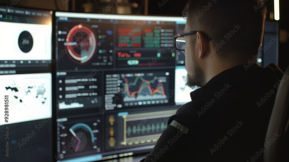 A man with glasses is intently studying multiple data-rich screens displaying charts, graphs, and analytical information, reflecting a high-tech working environment. A man with glasses is intently studying multiple data-rich screens displaying charts, graphs, and analytical information, reflecting a high-tech working environment.
