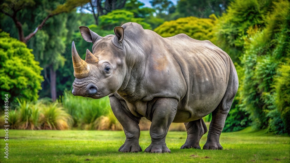 Obraz premium Large male rhinoceros with distinctive grey skin and prominent horn standing in a natural habitat of green grass and trees, looking majestic and powerful.