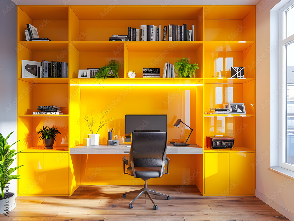 Modern Home Office with Yellow Shelving and Desk 3D Illustration Modern Home Office with Yellow Shelving and Desk 3D Illustration