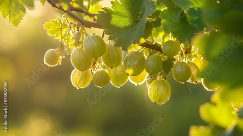 A cluster of gooseberries hanging from a branch, with a gentle breeze moving the leaves and berries, captured in the soft golden light of late afternoon photo