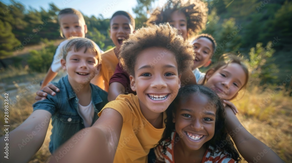 A group of children huddle together and smile broadly for a joyful outdoor selfie, capturing the vibrancy of their friendship. A group of children huddle together and smile broadly for a joyful outdoor selfie, capturing the vibrancy of their friendship.
