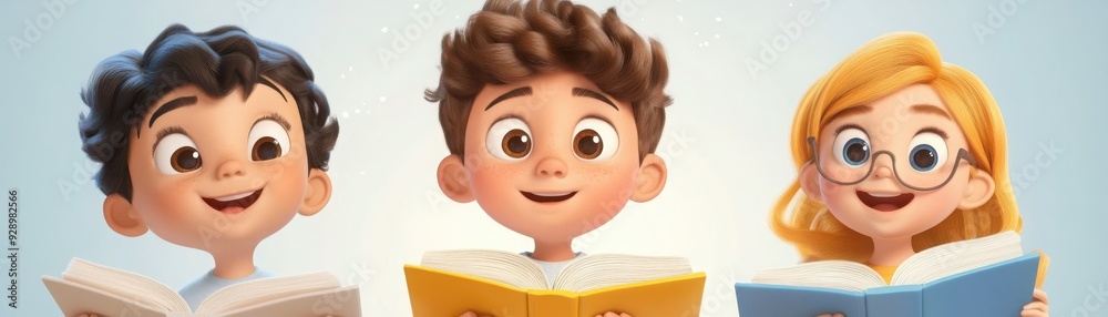 Three cheerful children reading books, showcasing the joy of learning and the magic of stories in vibrant colors. Three cheerful children reading books, showcasing the joy of learning and the magic of stories in vibrant colors.