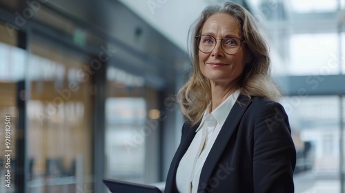 Free Download A confident businesswoman in a suit stands in a modern office hallway, exuding professionalism with a welcoming smile. - GFXLoad