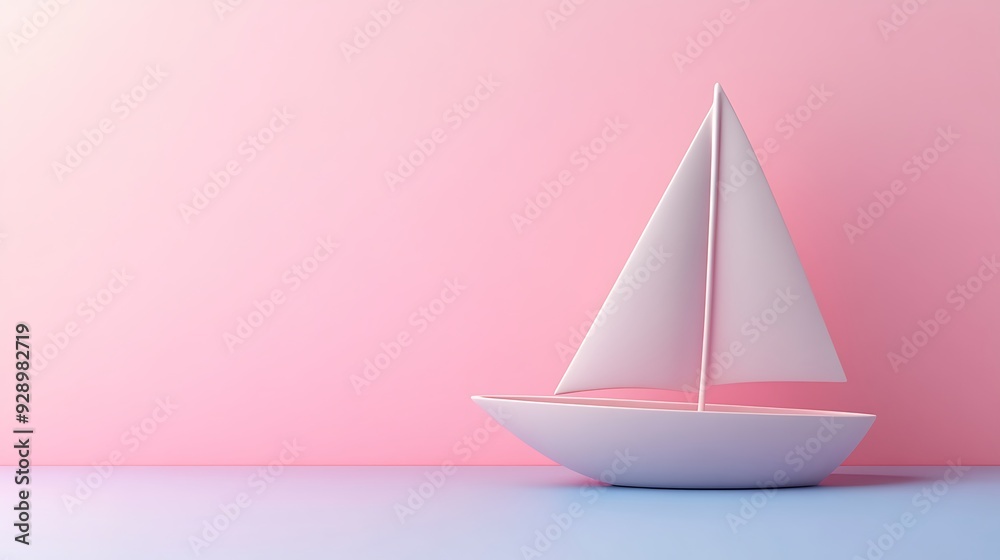 Fototapeta premium Serene Minimalist Pink and Blue Background with Elegant Sailboat Sculpture in Soft Lighting