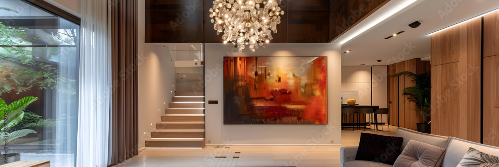 Obraz premium Modern Living Room with Abstract Painting and Chandelier - Interior Design