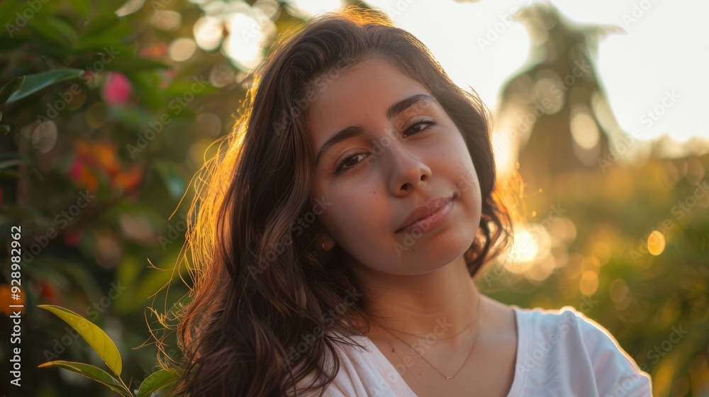 A young woman stands in a garden, her gentle smile captured in the warm, soft light of the golden hour, surrounded by lush greenery. A young woman stands in a garden, her gentle smile captured in the warm, soft light of the golden hour, surrounded by lush greenery.