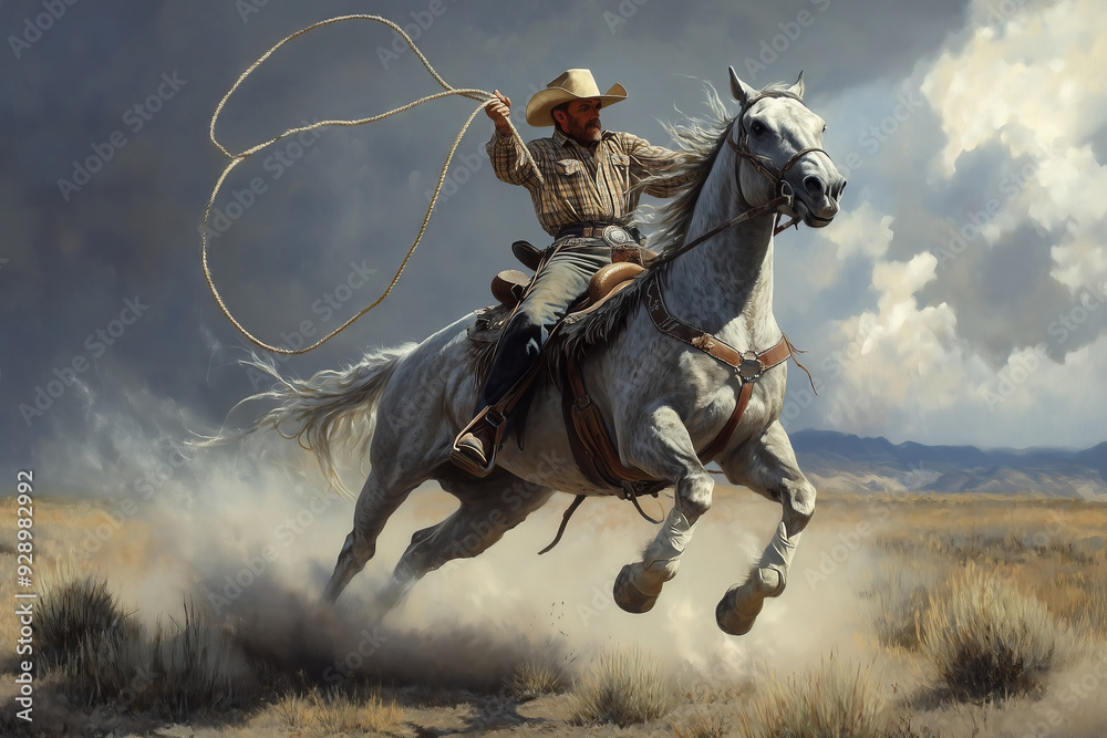 Fototapeta premium Cowboy roping skillfully on a spirited grey horse under dynamic skies in an open pasture at dusk